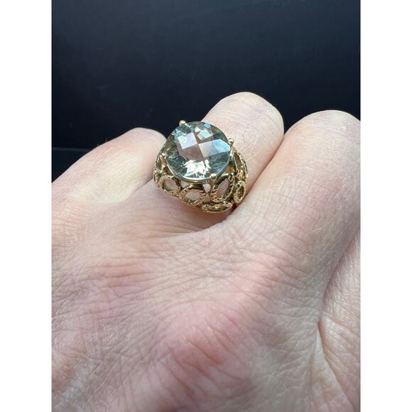 Vintage 10K Yellow Gold Prasiolite (Green Amethyst) Filigree Ring Size 7 - Picture 2 of 16